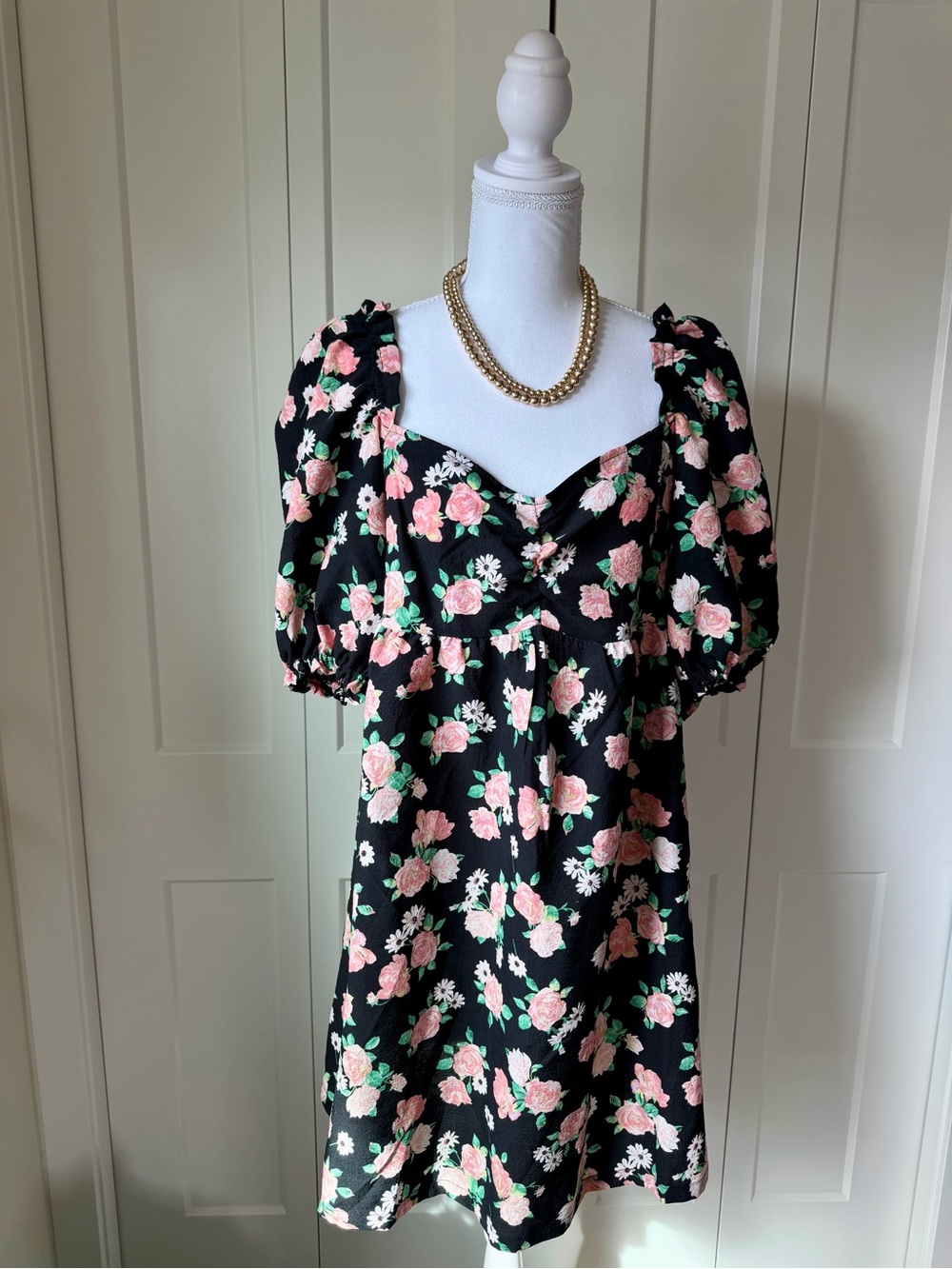 H&M Black Mini Dress with Pink Rose & White Daisy Print